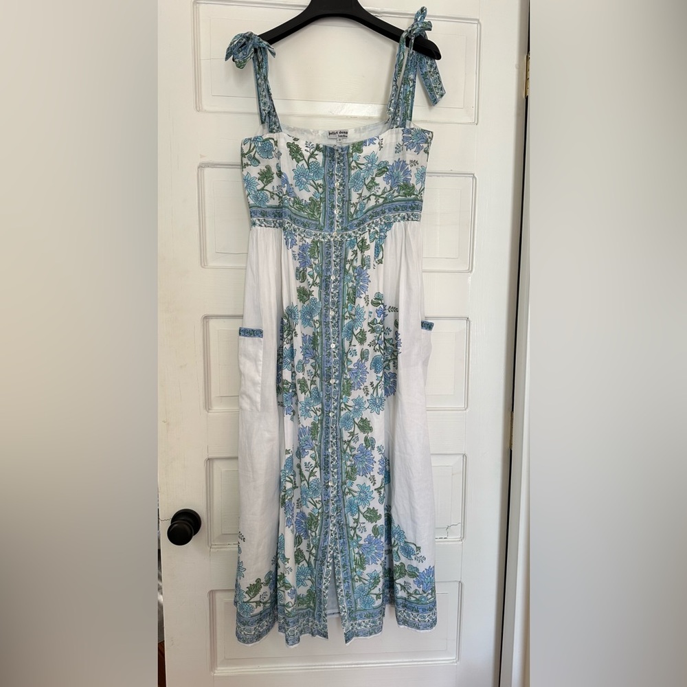 Juliet Dunn Blue Rose Border Tie Shoulder Dress
